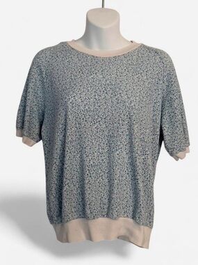 Liz Thomas Light Blue Floral Short-Sleeve Knit Top with Cream Trim, Size Small